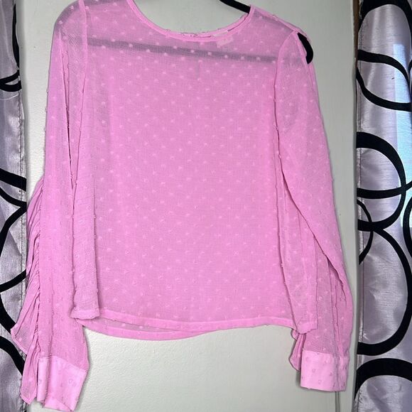 A New Day Pink Swiss Dot Blouse Cold Shoulder Ruffles Long Sleeve XS New - Picture 3 of 10